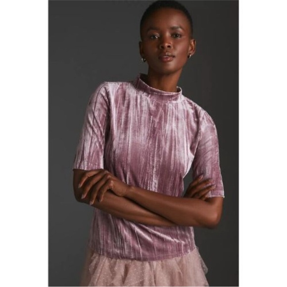 Anthropologie Pilcro Velveteen Mock Neck Pink Shortsleeve Top, size M - Picture 2 of 7